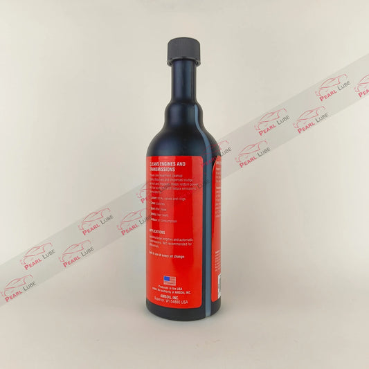 amsoil engine & transmission flush additive liquid bottle 473-millilitre back side