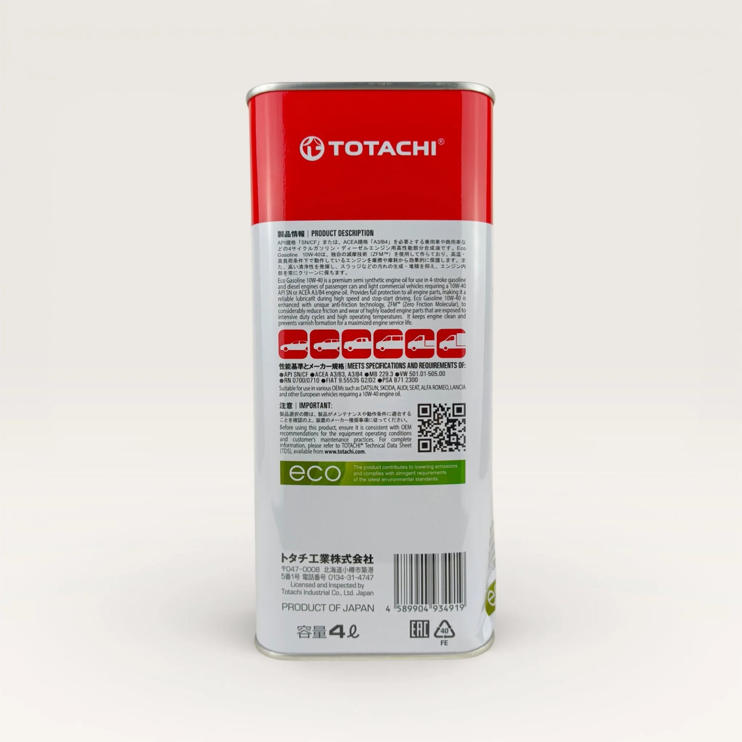 totachi 10w-40 eco gasoline api sn engine oil 4-Litre back side