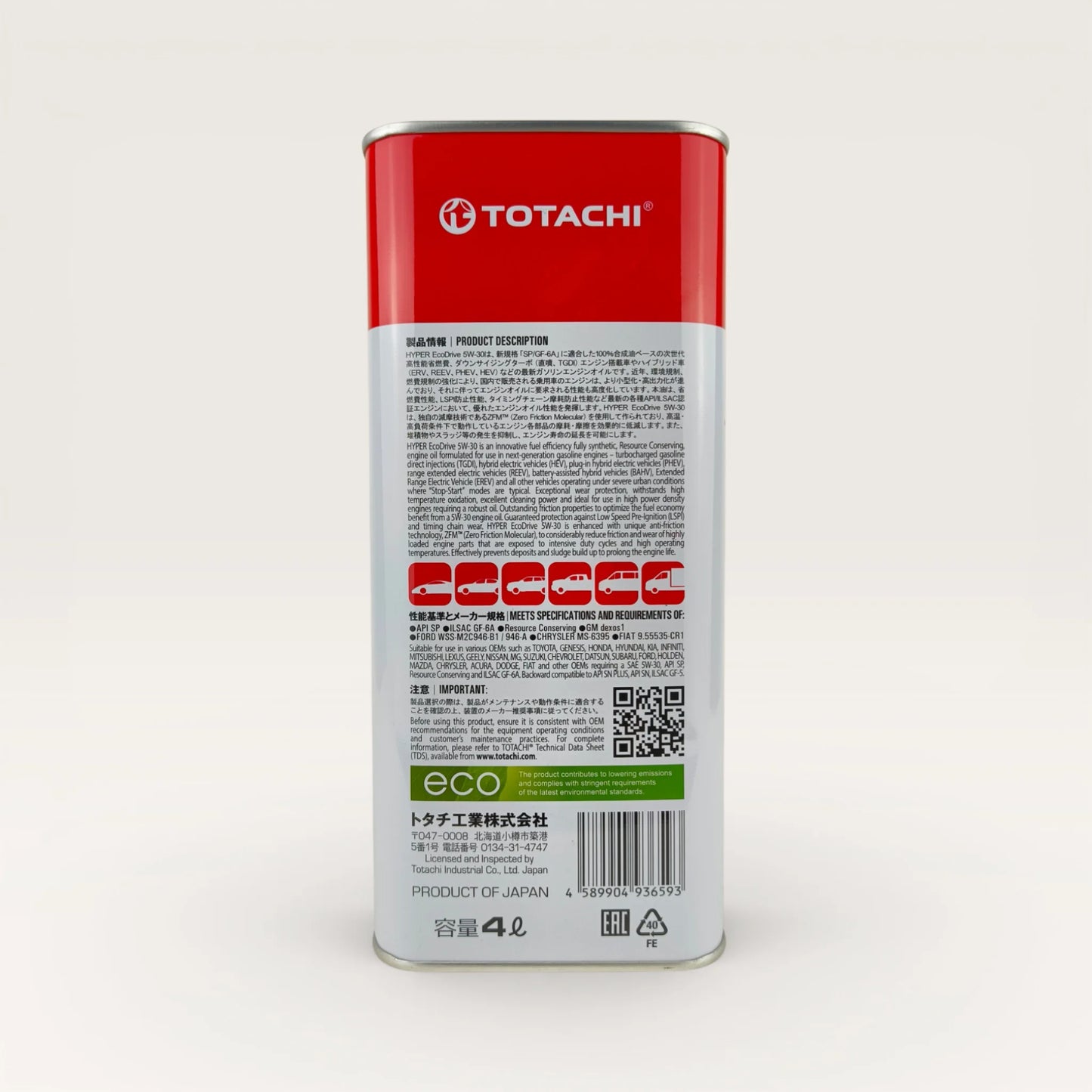 totachi 5w-30 hyper ecodrive api sp engine oil 4-Litre back side