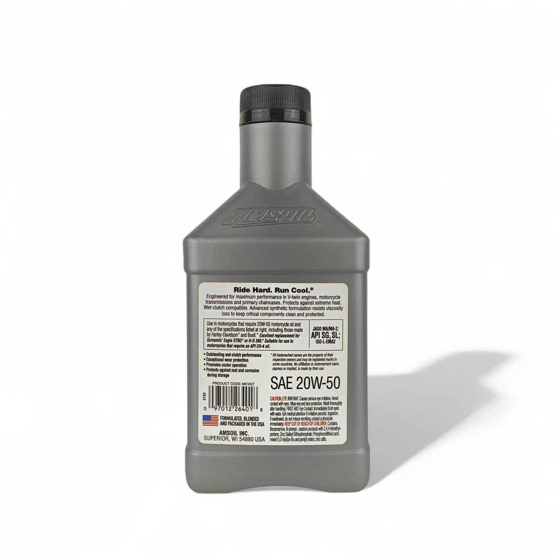 amsoil vtwin 20w50 946-millilitre motorcycle engine oil back side