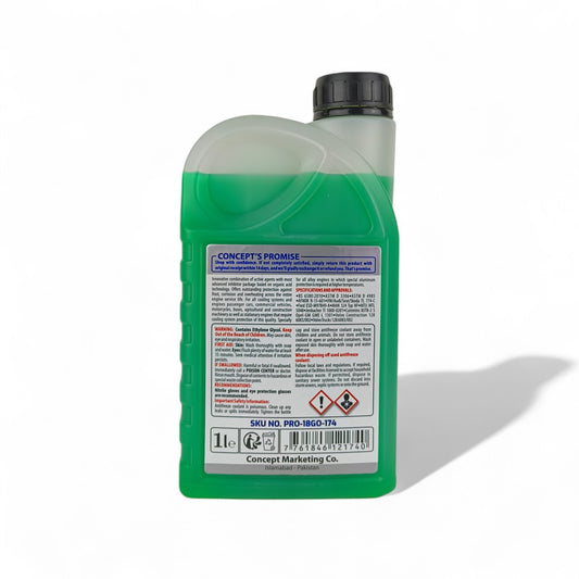 concept promax antifreeze ready-to-use green coolant liquid bottle 1-litre back side