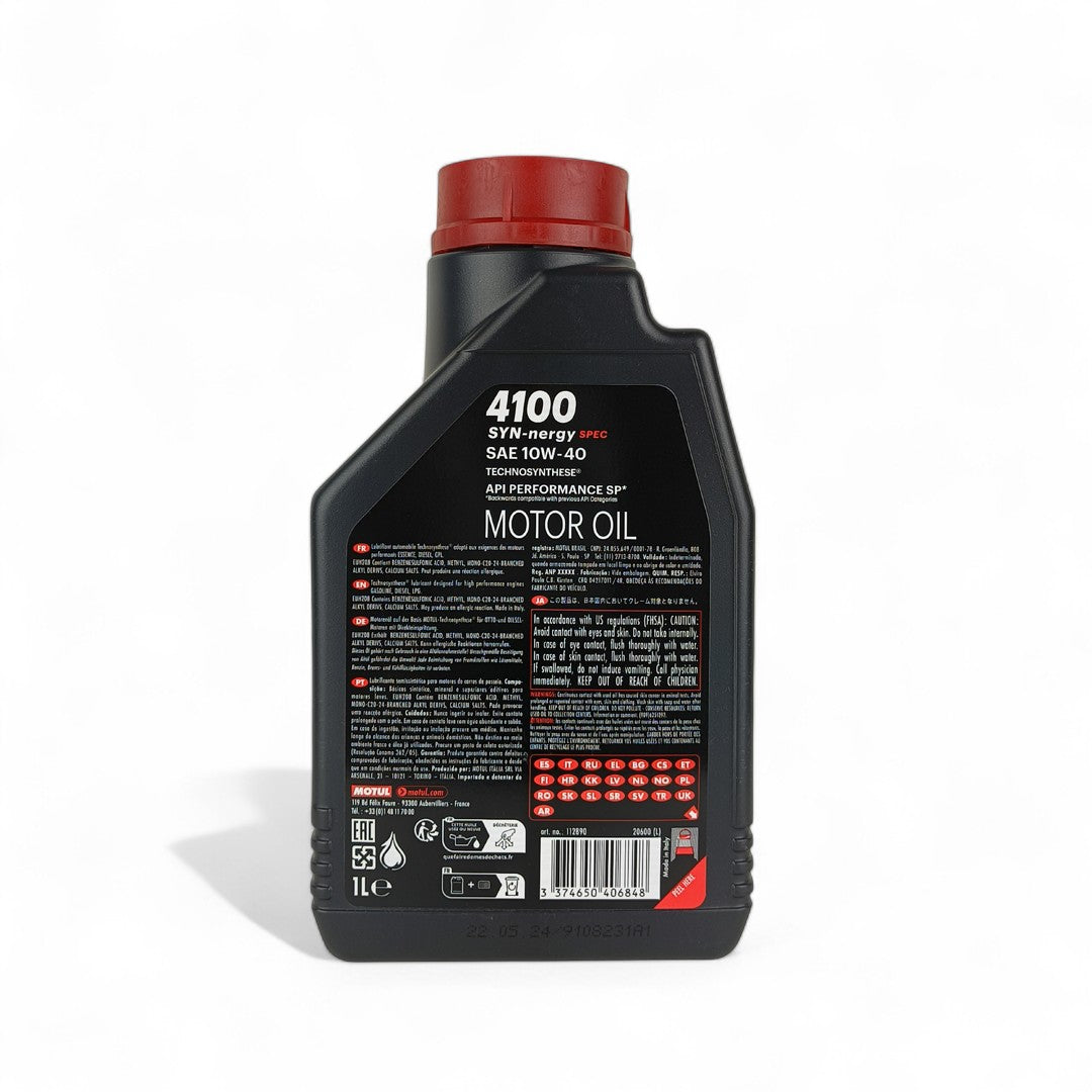 motul 4100 syn-nergy spec 10w40 1-litre engine oil back side