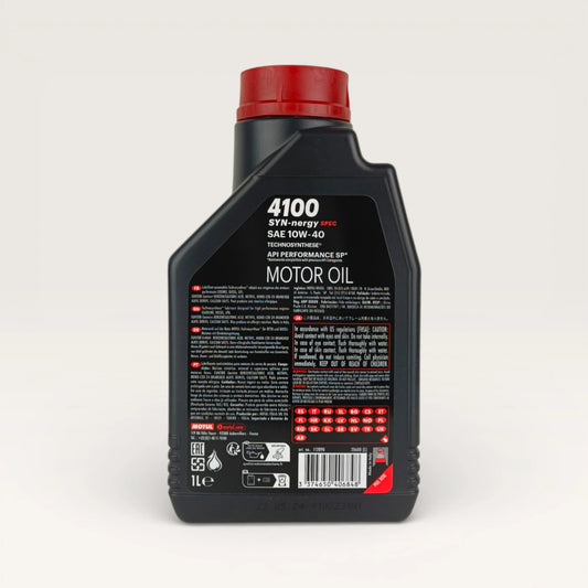 motul 4100 syn-nergy spec 10w40 1-litre engine oil back side