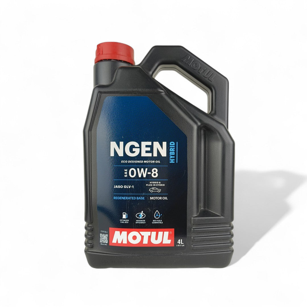 motul ngen 0w8 hybrid 4-litre engine oil front side