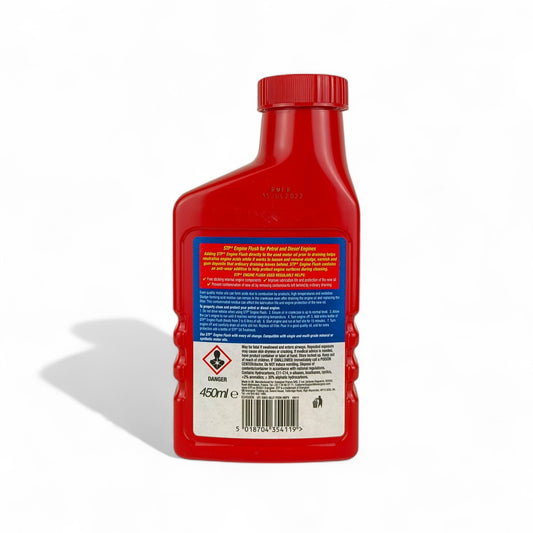 stp super concentrated high mileage engine flush liquid bottle for petrol and diesel engines 450-millilitre back side