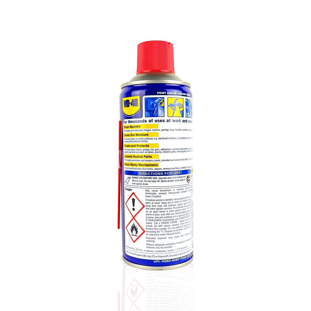 wd40 multi-use lubricant
330-millilitre back side
