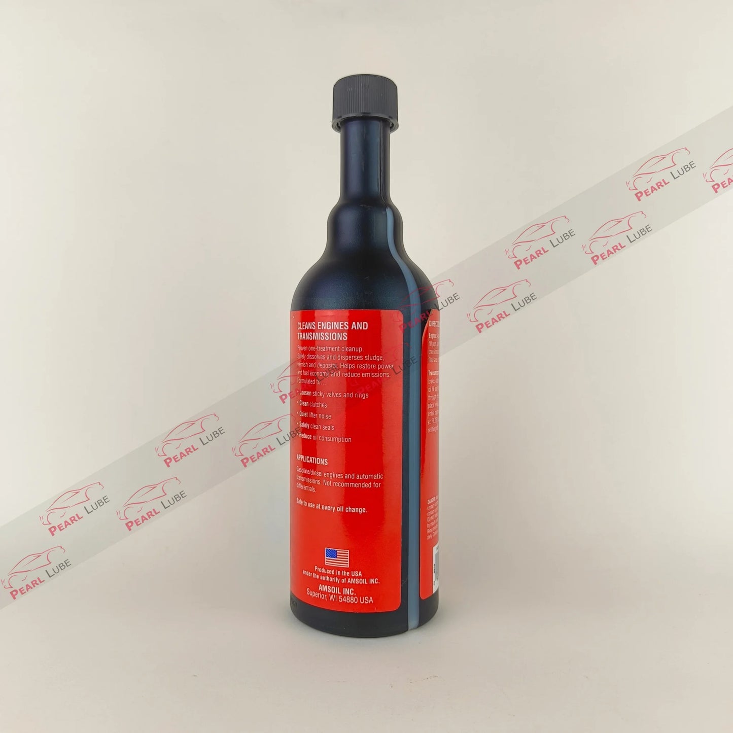 amsoil engine & transmission flush additive liquid bottle 473-millilitre back side