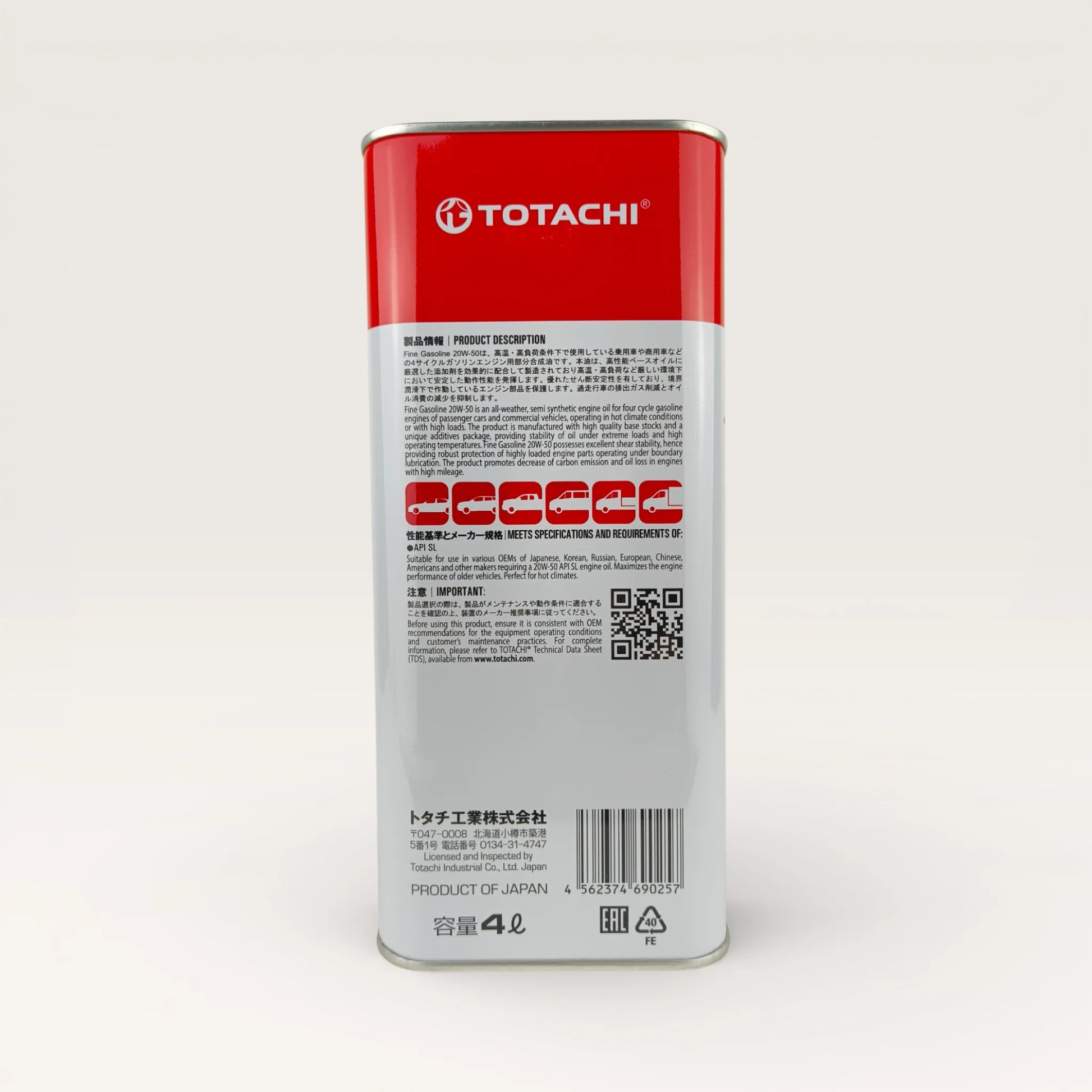 totachi 20w-50 API SL fine gasoline engine oil 4l back side
