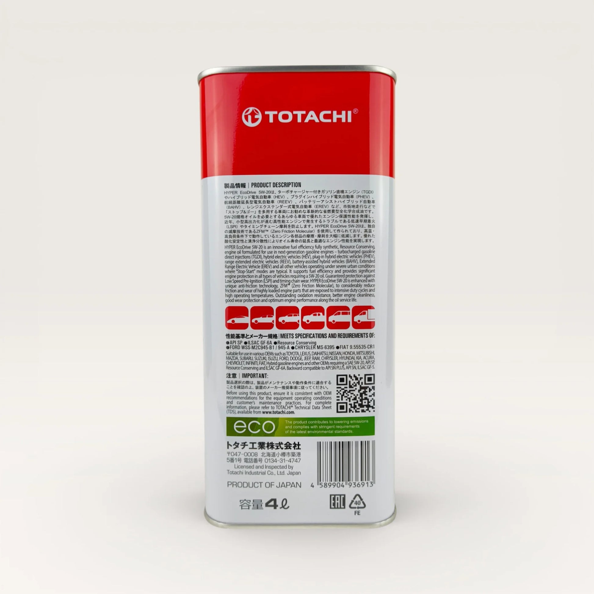 totachi 5w-20 hyper ecodrive api sp engine oil 4-Litre back side