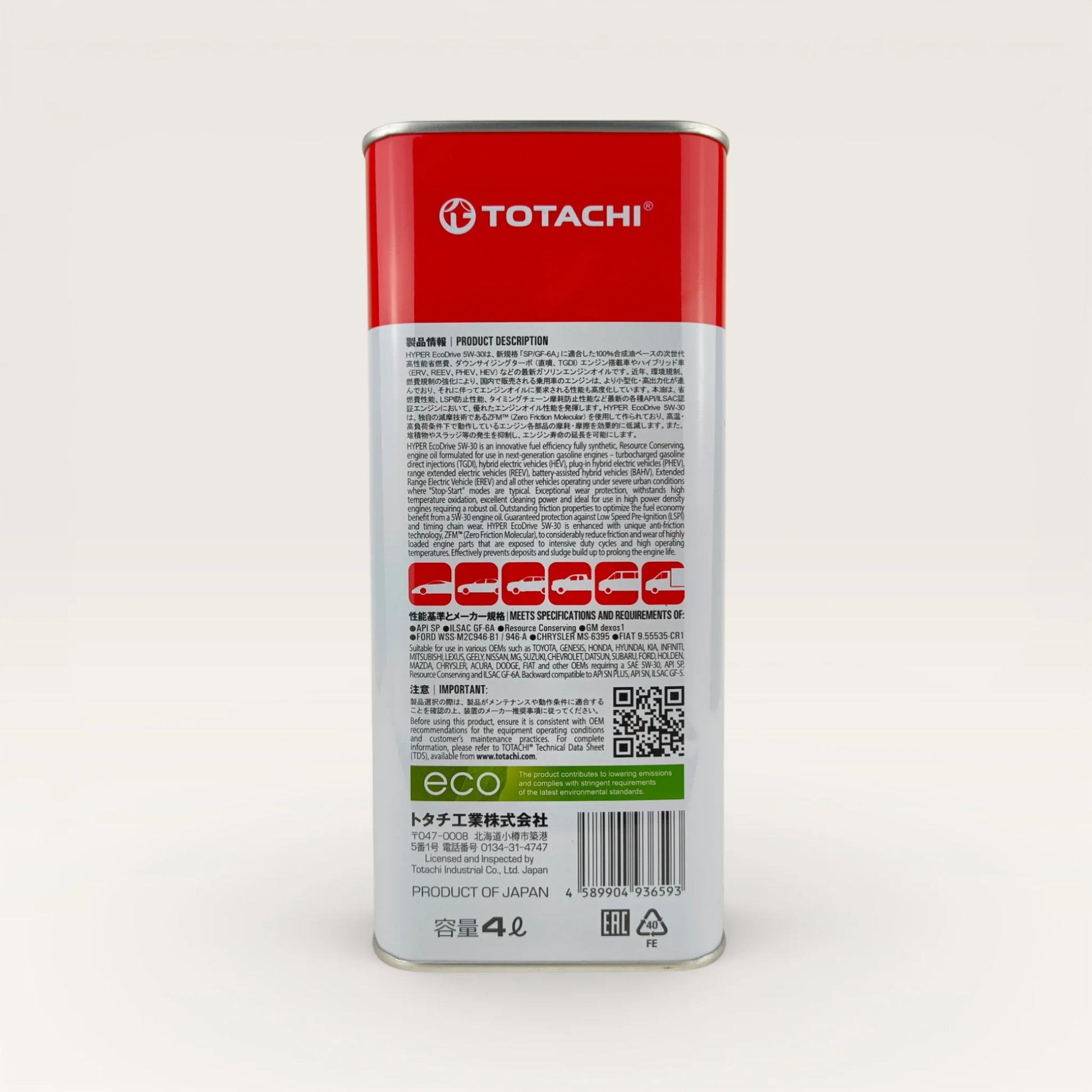 totachi 5w-30 hyper ecodrive api sp engine oil 4-Litre back side