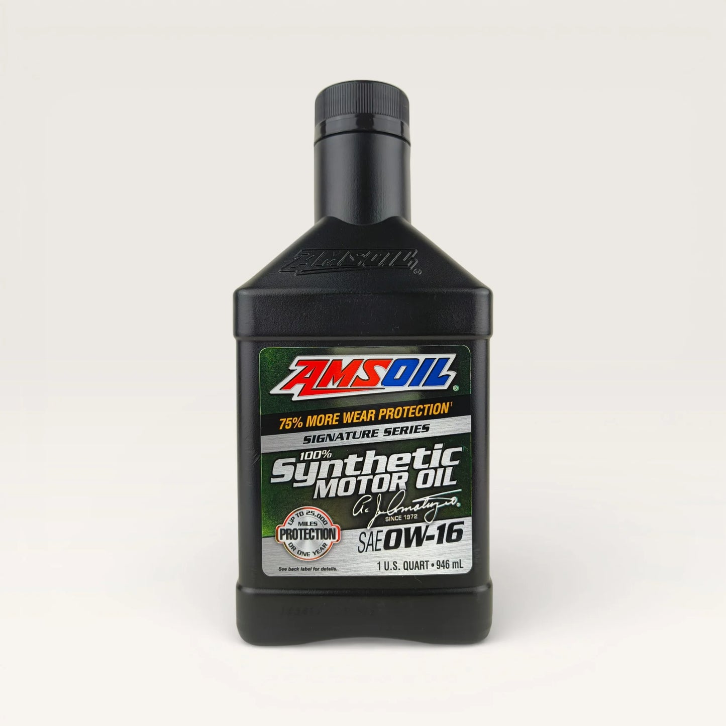 amsoil 0w16 signature series synthetic 946-millilitre engine oil front side