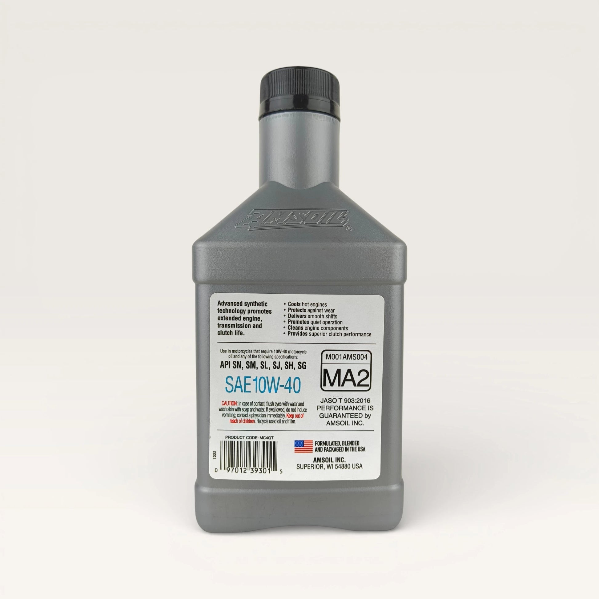 AMSOIL 10W-40 (10w40) 4T Performance Synthetic Motorcycle Engine Oil - 946ml back side