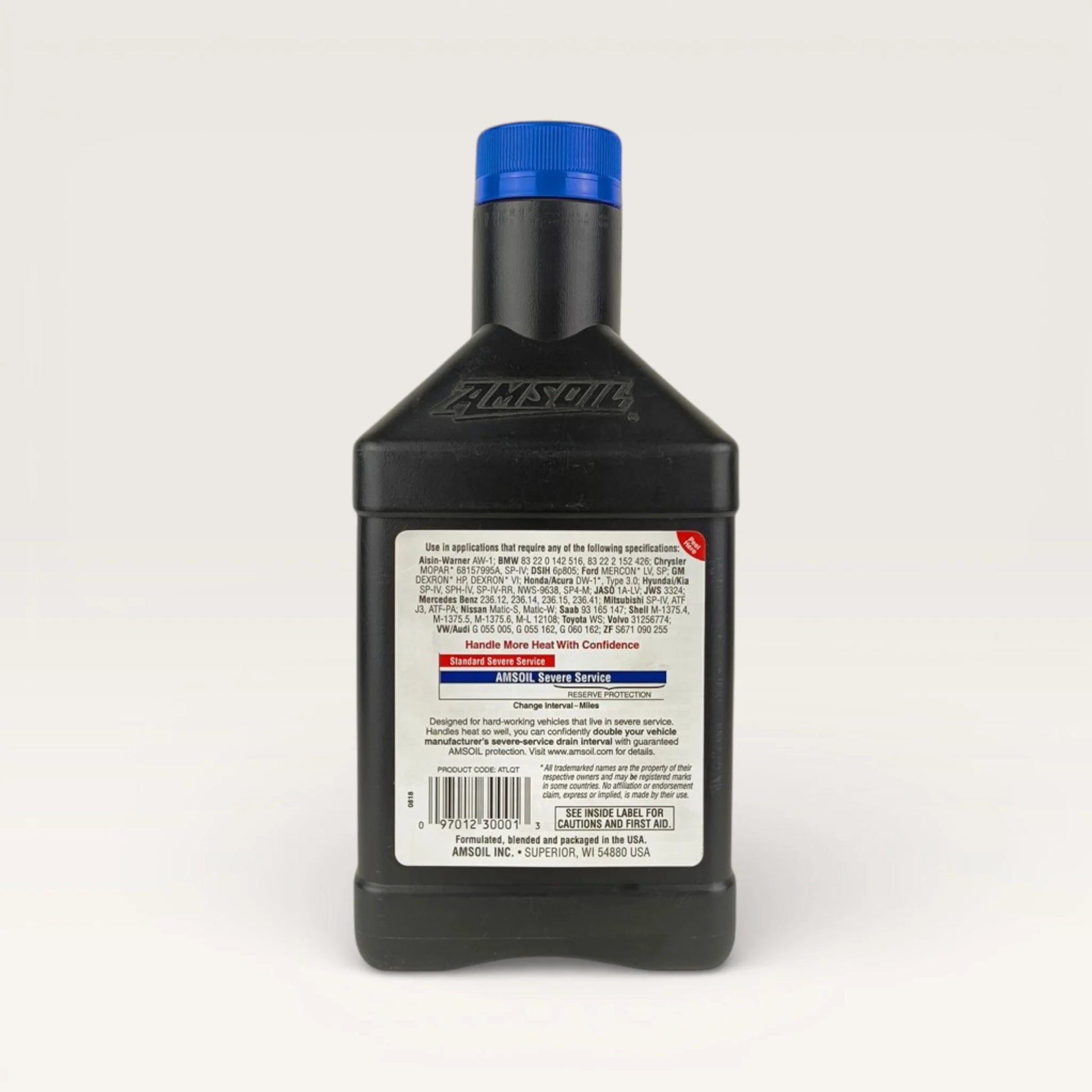 amsoil atf signature series 946-millilitre transmission fluid back side