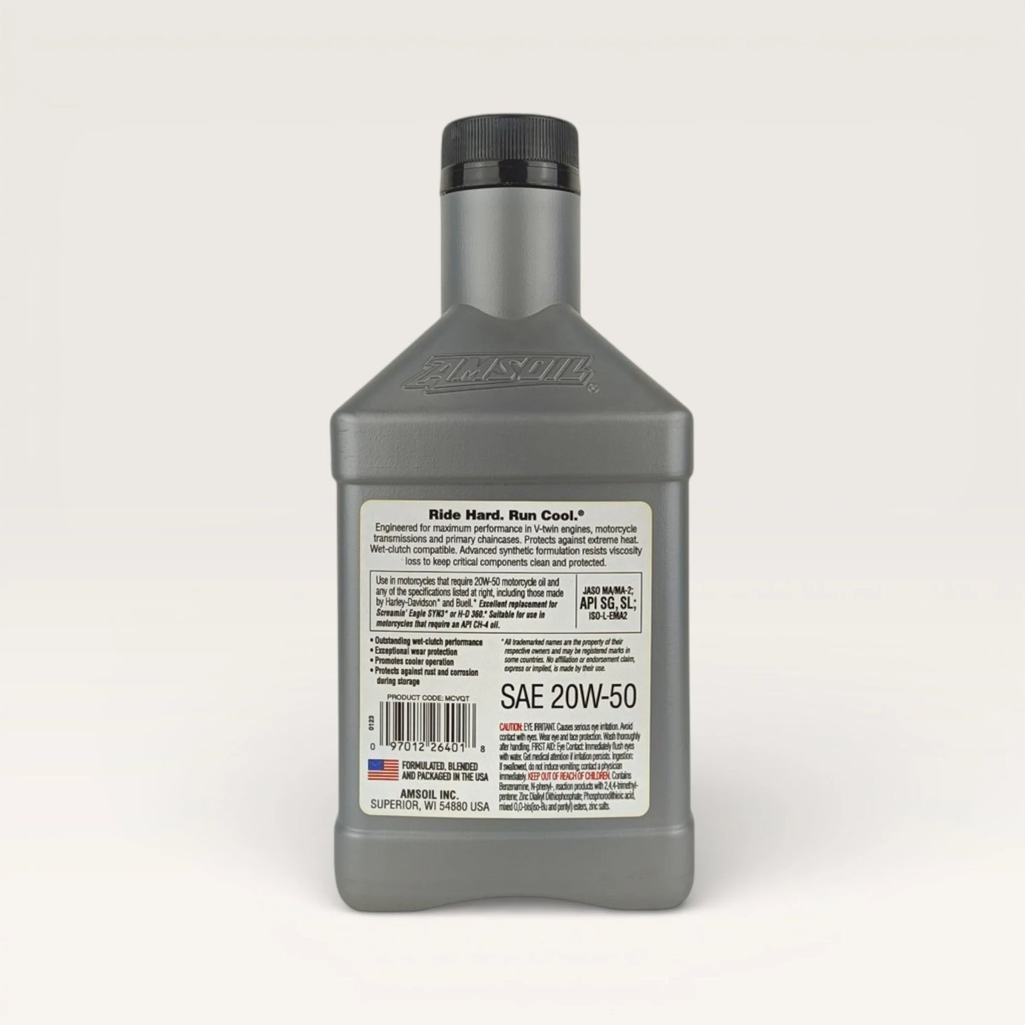 amsoil vtwin 20w50 946-millilitre motorcycle engine oil back side 