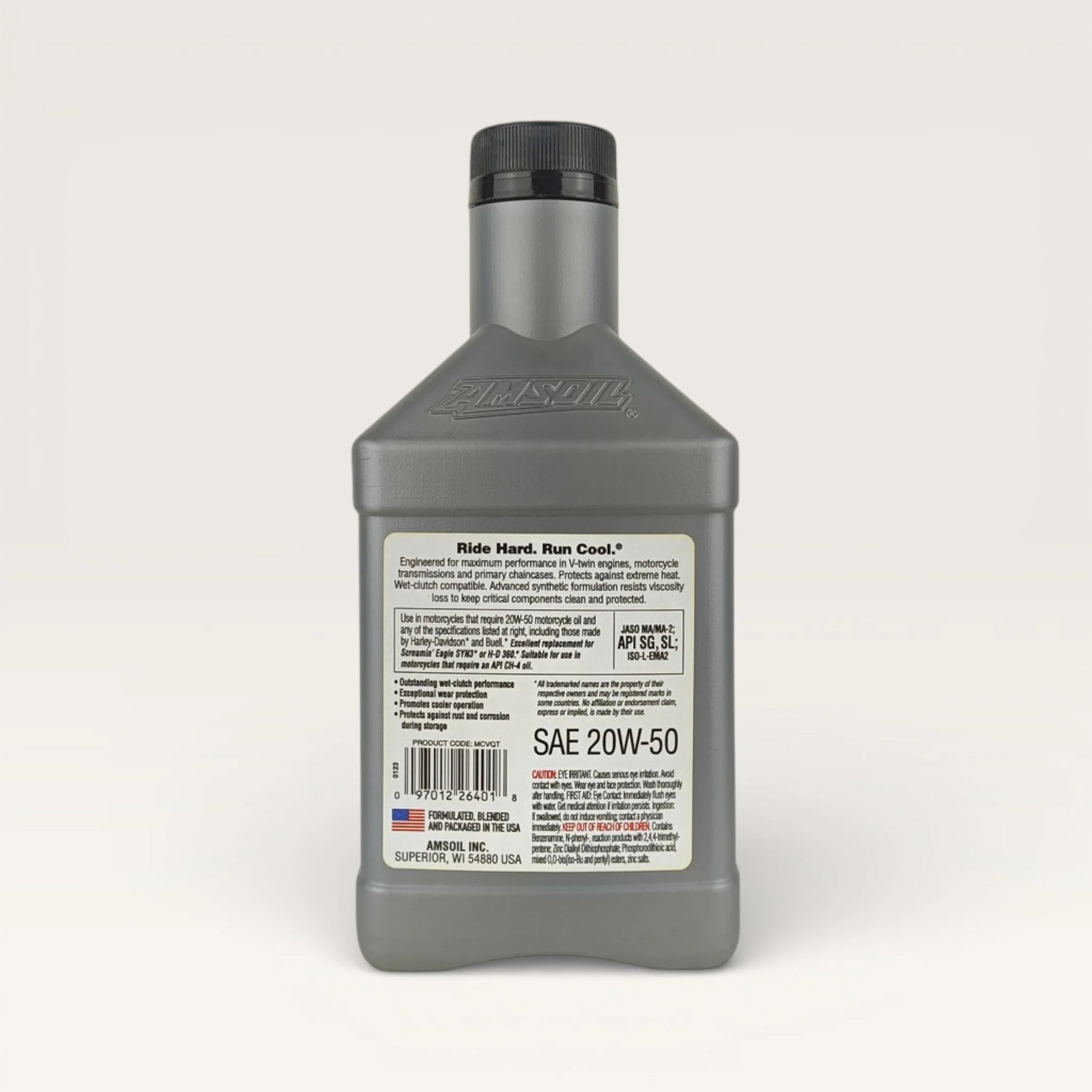 amsoil vtwin 20w50 946-millilitre motorcycle engine oil back side 