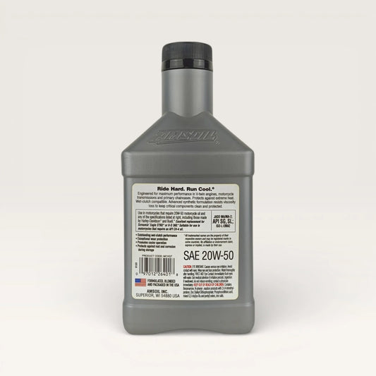 amsoil vtwin 20w50 946-millilitre motorcycle engine oil back side 