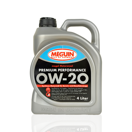 meguin 0w20 premium performance 4-litre engine oil front side