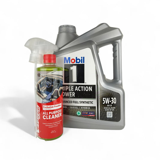mobil 1 5w30 4-litre engine oil front side + carrera vehicle cleaner 500-millilitre front side 