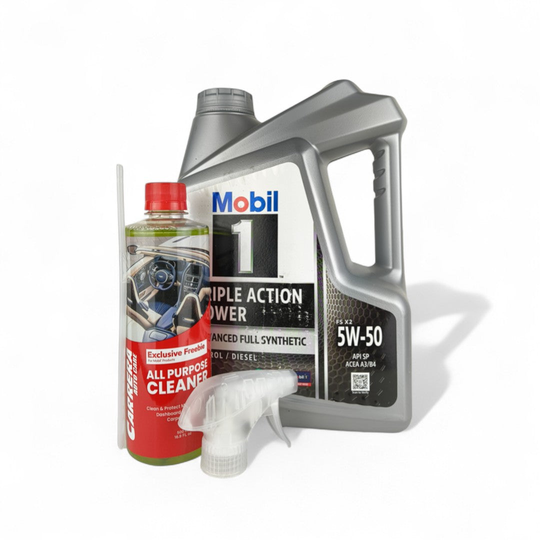 mobil 1 5w50 4-litre engine oil front side + carrera vehicle cleaner 500-millilitre front side 