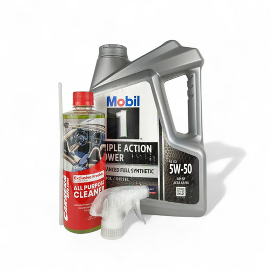 mobil 1 5w50 4-litre engine oil front side + carrera vehicle cleaner 500-millilitre front side 