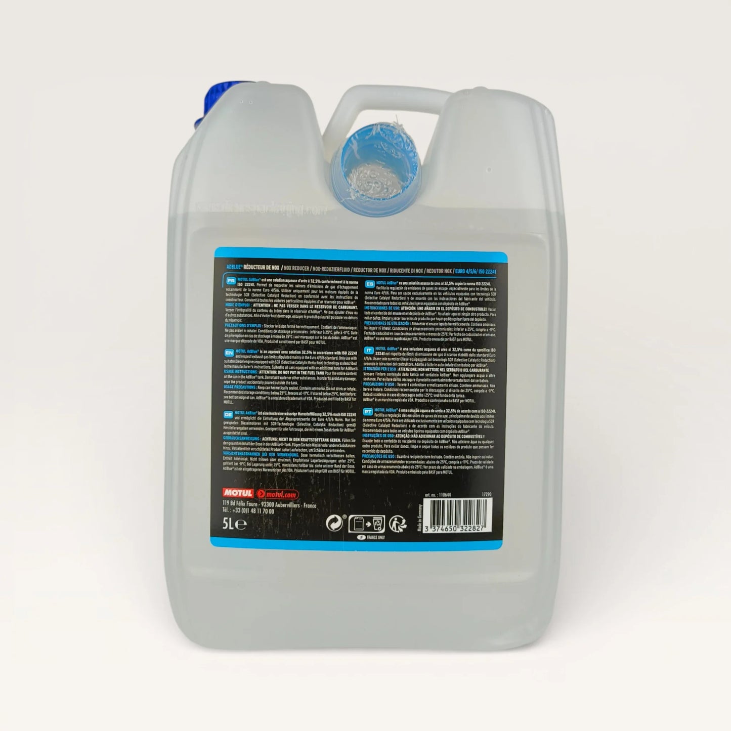 Motul Adblue 5-litre back side for diesel vehicles