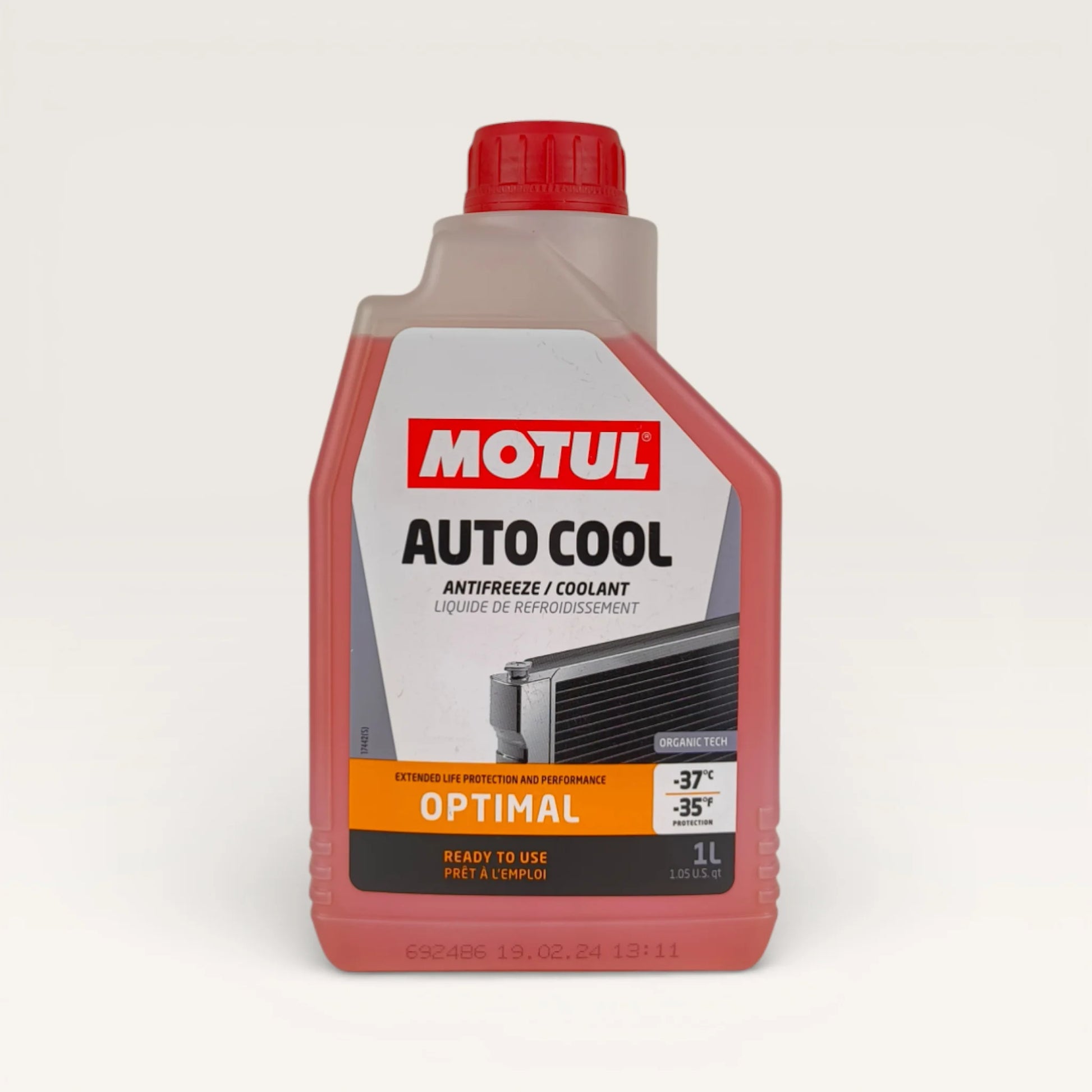 motul autocool antifreeze red coolant  liquid bottle 1-litre front side