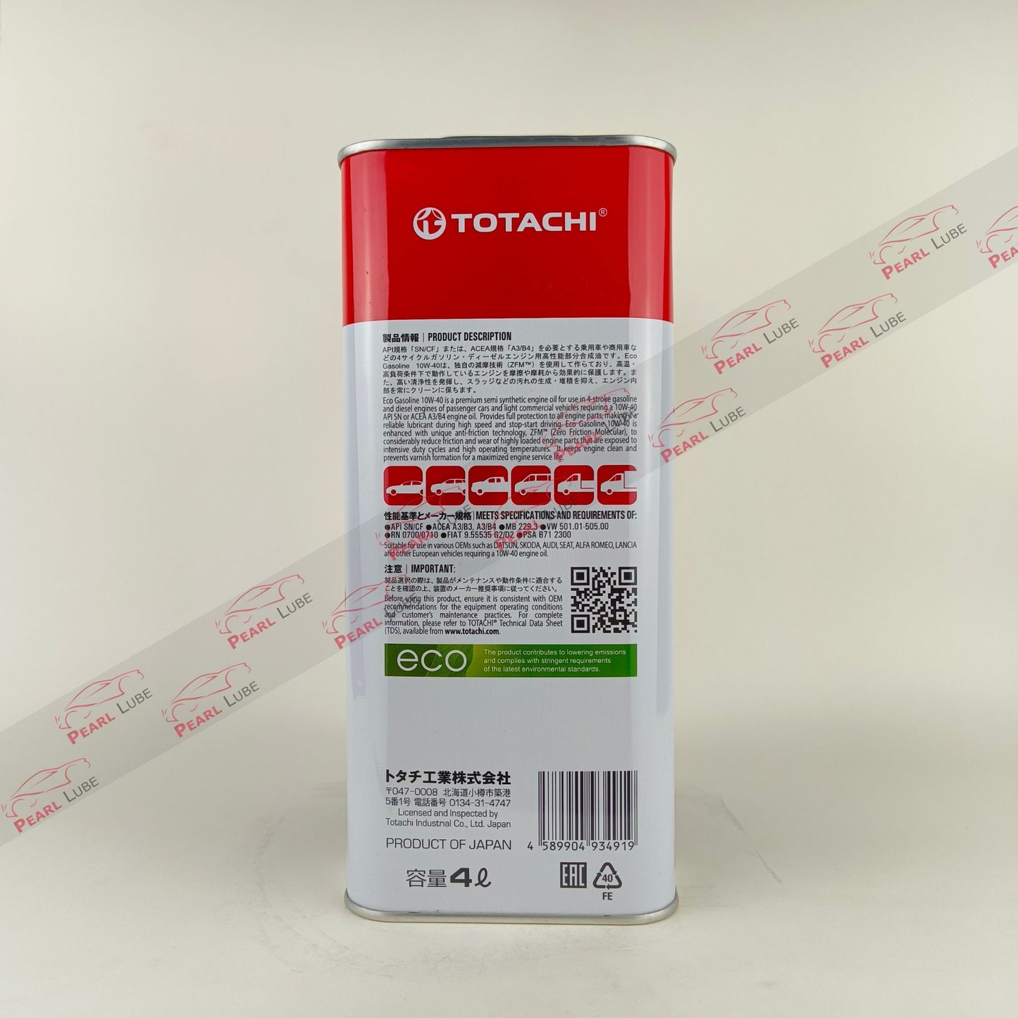 TOTACHI 10W-40 API SN Eco Gasoline Engine Oil - 4L back Side